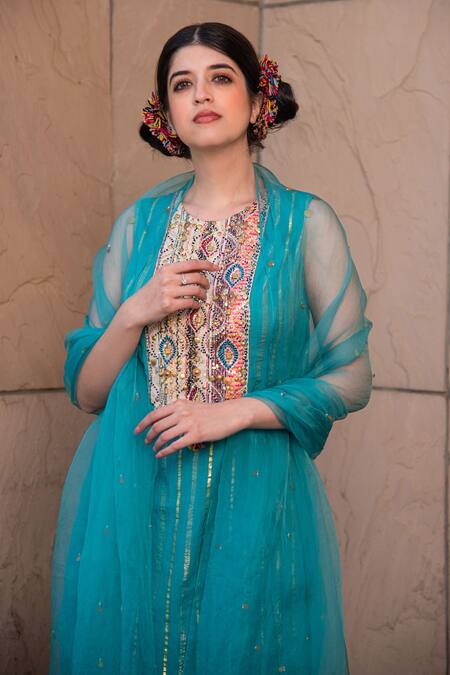 Buy_Soniya G_Blue Handmade Cotton Embroidery Sequins Round Yoke Kurta Sharara Set _Online_at_Aza_Fashions