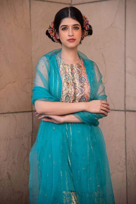 Shop_Soniya G_Blue Handmade Cotton Embroidery Sequins Round Yoke Kurta Sharara Set _Online_at_Aza_Fashions
