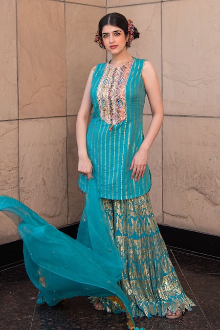 Soniya G_Blue Handmade Cotton Embroidery Sequins Round Yoke Kurta Sharara Set _at_Aza_Fashions