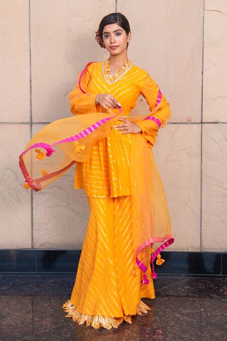 Soniya G Yellow Handloom Cotton, Chiffon V-neck Striped Pattern Kurta Sharara Set Online at Aza Fashions Soniya G_Yellow Handloom Cotton, Chiffon V-neck Striped Pattern Kurta Sharara Set _Online_at_Aza_Fashions