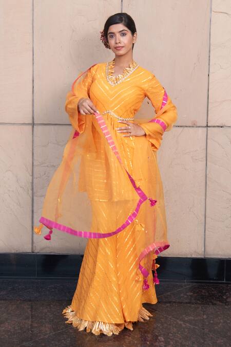 Buy Soniya G Yellow Handloom Cotton, Chiffon V-neck Striped Pattern Kurta Sharara Set Online at Aza Fashions Buy_Soniya G_Yellow Handloom Cotton, Chiffon V-neck Striped Pattern Kurta Sharara Set _Online_at_Aza_Fashions