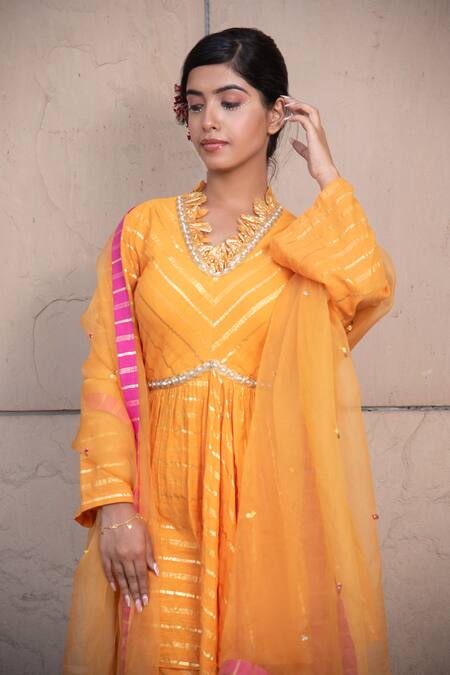 Shop Soniya G Yellow Handloom Cotton, Chiffon V-neck Striped Pattern Kurta Sharara Set Online at Aza Fashions Shop_Soniya G_Yellow Handloom Cotton, Chiffon V-neck Striped Pattern Kurta Sharara Set _Online_at_Aza_Fashions