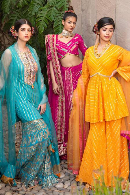 Soniya G Yellow Handloom Cotton, Chiffon V-neck Striped Pattern Kurta Sharara Set at Aza Fashions Soniya G_Yellow Handloom Cotton, Chiffon V-neck Striped Pattern Kurta Sharara Set _at_Aza_Fashions