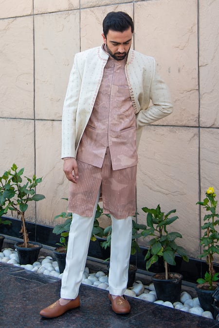 Soniya G_Ivory Handloom Cotton, Silk Sequins, Embroidery Geometric Pattern Bandhgala Set _Online_at_Aza_Fashions