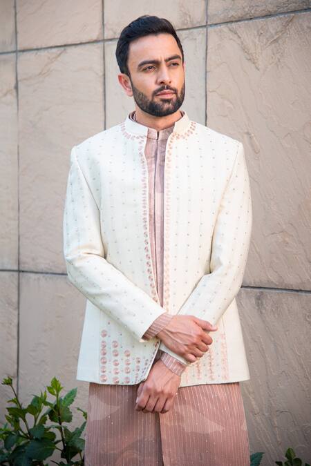 Buy_Soniya G_Ivory Handloom Cotton, Silk Sequins, Embroidery Geometric Pattern Bandhgala Set _Online_at_Aza_Fashions