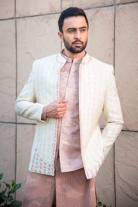 Shop_Soniya G_Ivory Handloom Cotton, Silk Sequins, Embroidery Geometric Pattern Bandhgala Set _Online_at_Aza_Fashions