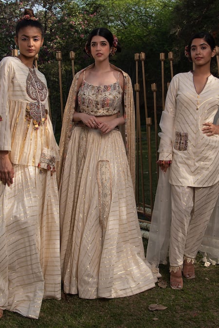 Shop_Soniya G_Ivory Handloom Cotton Beads, Sequins Scoop Lurex Striped Pattern Lehenga Set _at_Aza_Fashions