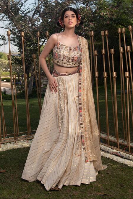 Soniya G_Ivory Handloom Cotton Beads, Sequins Scoop Lurex Striped Pattern Lehenga Set _Online_at_Aza_Fashions