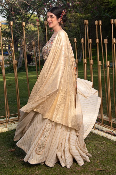 Shop_Soniya G_Ivory Handloom Cotton Beads, Sequins Scoop Lurex Striped Pattern Lehenga Set _Online_at_Aza_Fashions