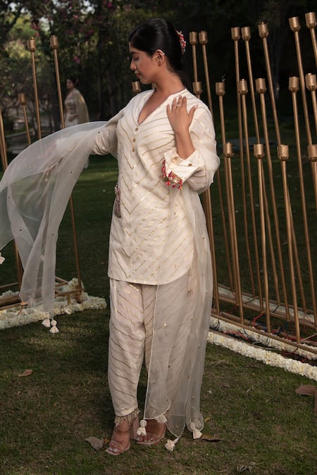 Shop_Soniya G_Ivory Handloom Cotton, Chiffon Sequins, Beads Striped Pattern Kurta Pant Set For Kids_Online_at_Aza_Fashions