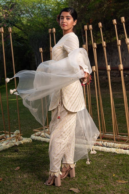 Soniya G_Ivory Handloom Cotton, Chiffon Sequins, Beads Striped Pattern Kurta Pant Set For Kids_at_Aza_Fashions