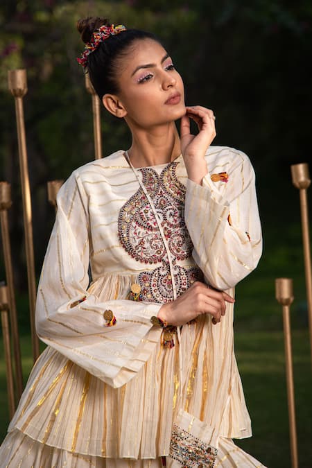 Shop Soniya G Ivory Handloom Cotton Sequins, Beads Round Embroidered Yoke Kurta And Sharara Set Online at Aza Fashions Shop_Soniya G_Ivory Handloom Cotton Sequins, Beads Round Embroidered Yoke Kurta And Sharara Set _Online_at_Aza_Fashions