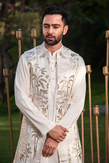 Shop_Soniya G_Ivory Silk Embroidery Leather Embellished Bundi And Kurta Set _Online_at_Aza_Fashions