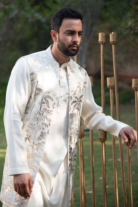 Soniya G_Ivory Silk Embroidery Leather Embellished Bundi And Kurta Set _at_Aza_Fashions