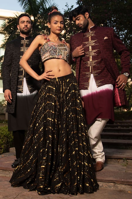 Soniya G_Black Handloom Cotton Sequins, Beads Lurex Geometric Pattern Lehenga Set _Online_at_Aza_Fashions