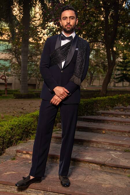Soniya G_Blue Silk, Cotton Shawl Collar Tuxedo Pant Set _Online_at_Aza_Fashions
