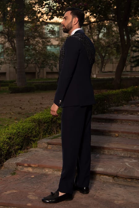 Shop_Soniya G_Blue Silk, Cotton Shawl Collar Tuxedo Pant Set _Online_at_Aza_Fashions
