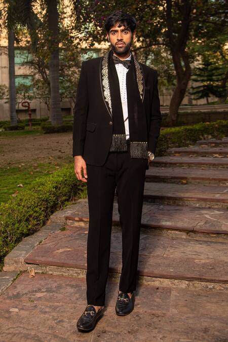 Buy_Soniya G_Black Crepe Metallic Thread Embellished Tuxedo Pant Set _Online_at_Aza_Fashions
