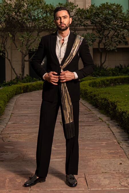 Soniya G_Black Crepe Draped Tuxedo Pant Set _Online_at_Aza_Fashions