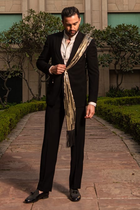 Buy_Soniya G_Black Crepe Draped Tuxedo Pant Set _Online_at_Aza_Fashions
