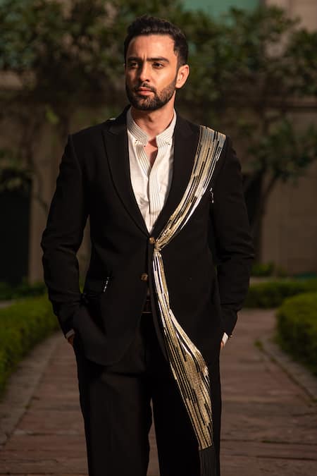 Shop_Soniya G_Black Crepe Draped Tuxedo Pant Set _Online_at_Aza_Fashions