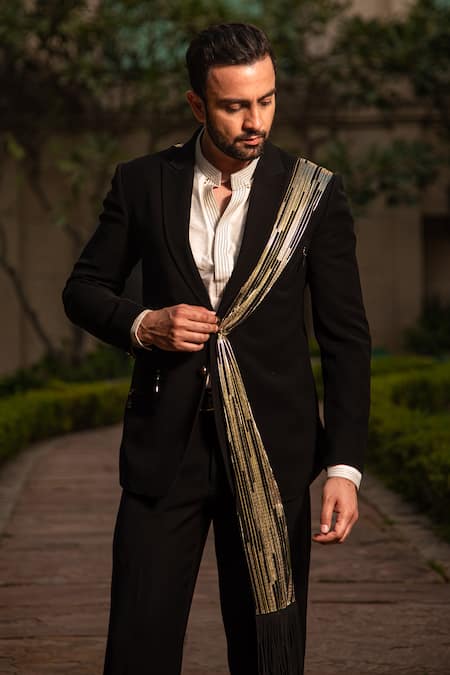 Soniya G_Black Crepe Draped Tuxedo Pant Set _at_Aza_Fashions