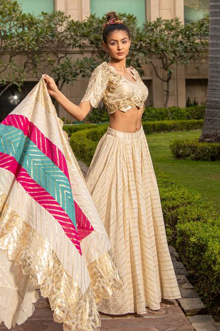 Soniya G_Ivory Handloom Cotton Sequins, Beads Striped Pattern Lehenga Set _Online_at_Aza_Fashions