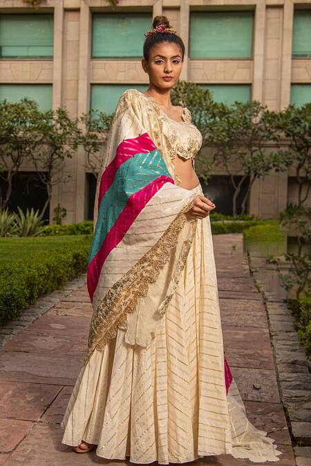 Soniya G_Ivory Handloom Cotton Sequins, Beads Striped Pattern Lehenga Set _at_Aza_Fashions