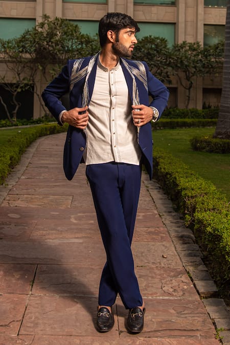 Soniya G_Blue Foil Printing Embellished Italian Crepe Tuxedo Pant Set _Online_at_Aza_Fashions