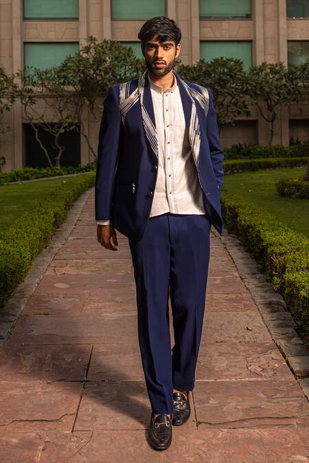 Buy_Soniya G_Blue Foil Printing Embellished Italian Crepe Tuxedo Pant Set _Online_at_Aza_Fashions