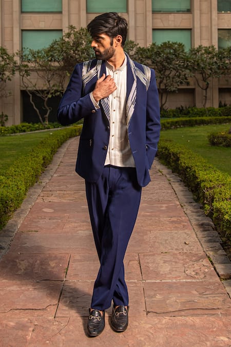 Shop_Soniya G_Blue Foil Printing Embellished Italian Crepe Tuxedo Pant Set _Online_at_Aza_Fashions