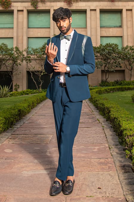 Soniya G_Blue Chiffon Metallic Thread Embellished Tuxedo Pant Set  _Online_at_Aza_Fashions