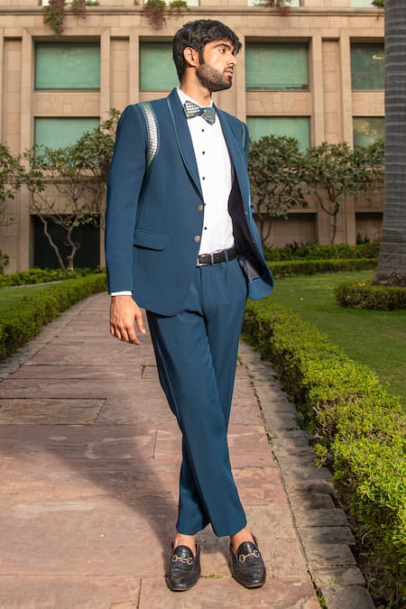 Buy_Soniya G_Blue Chiffon Metallic Thread Embellished Tuxedo Pant Set  _Online_at_Aza_Fashions