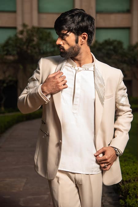 Soniya G_Cream Crepe, Silk Foil Printing Embellished And Pleated Tuxedo Pant Set _Online_at_Aza_Fashions