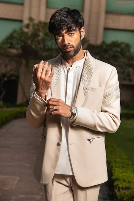 Buy_Soniya G_Cream Crepe, Silk Foil Printing Embellished And Pleated Tuxedo Pant Set _Online_at_Aza_Fashions