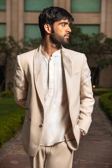 Shop_Soniya G_Cream Crepe, Silk Foil Printing Embellished And Pleated Tuxedo Pant Set _Online_at_Aza_Fashions