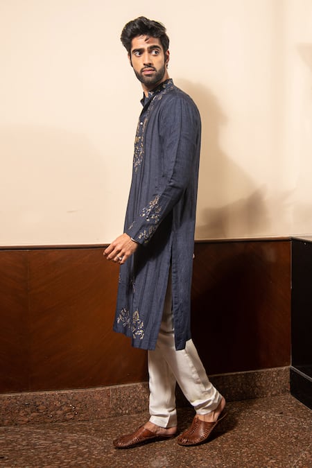 Soniya G_Blue Cotton Embroidery Foil Print Kurta Set _Online_at_Aza_Fashions