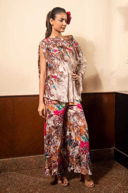 Soniya G_Ivory Satin One Shoulder Floral Print Top And Pant Set _Online_at_Aza_Fashions
