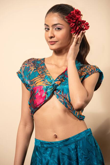 Buy_Soniya G_Blue Satin V-neck Printed Top And Pleated Pant Set _Online_at_Aza_Fashions
