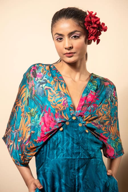 Buy_Soniya G_Blue Satin Tassels V-neck Floral Print Jumpsuit _Online_at_Aza_Fashions