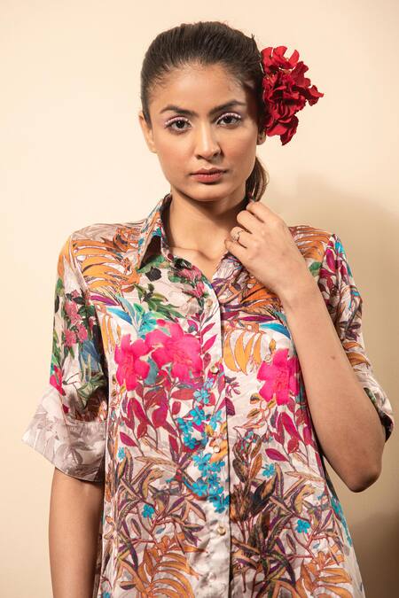Buy_Soniya G_Ivory Satin Embroidery Collared Printed Shirt And Pant Set _Online_at_Aza_Fashions