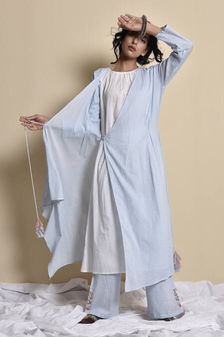 Kanika Sharma_Blue Cotton Inner Round Jacket Surplice Flared Pant Set With Wrap _Online_at_Aza_Fashions