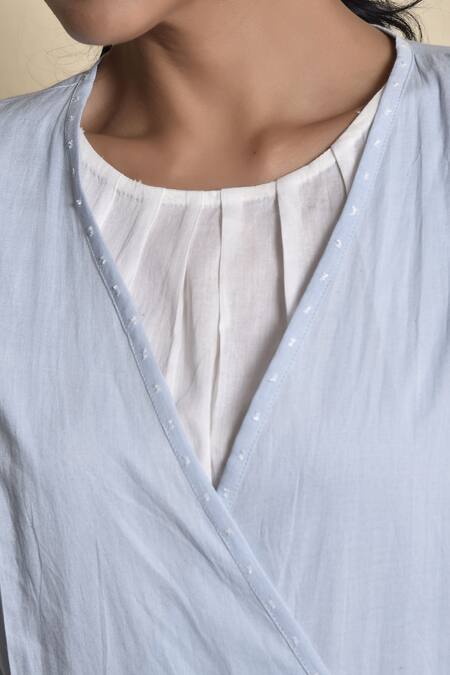 Shop_Kanika Sharma_Blue Cotton Inner Round Jacket Surplice Flared Pant Set With Wrap _Online_at_Aza_Fashions