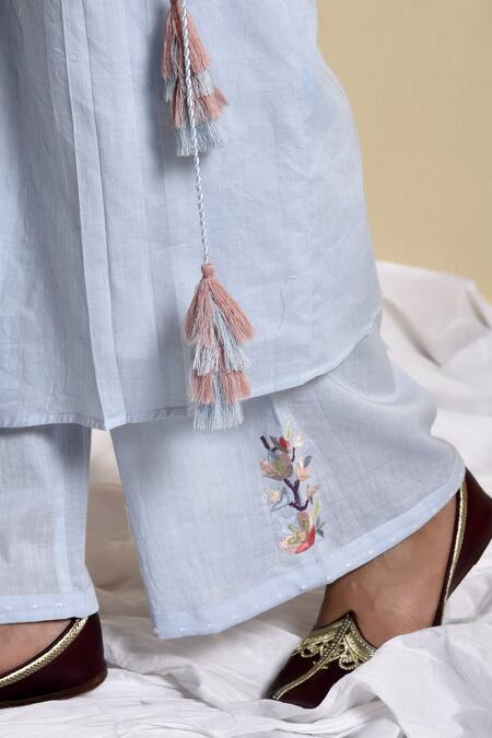 Kanika Sharma_Blue Cotton Inner Round Jacket Surplice Flared Pant Set With Wrap _at_Aza_Fashions