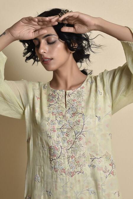 Kanika Sharma_Green Kota Notched Round Neck Hand Embroidered Jumpsuit _Online_at_Aza_Fashions