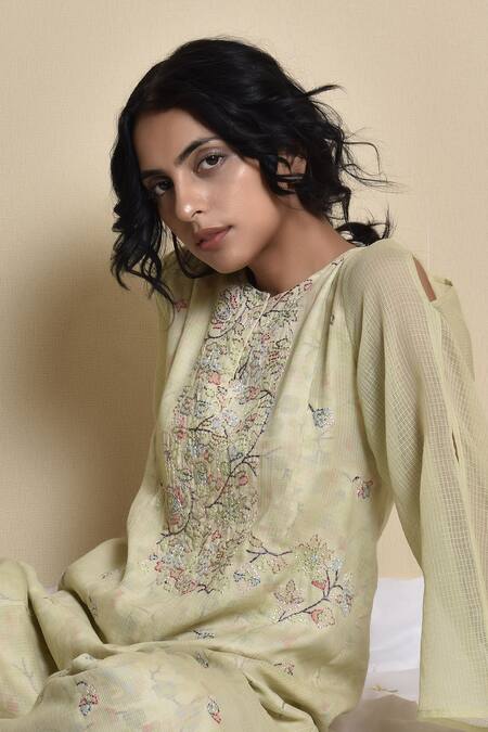 Buy_Kanika Sharma_Green Kota Notched Round Neck Hand Embroidered Jumpsuit _Online_at_Aza_Fashions