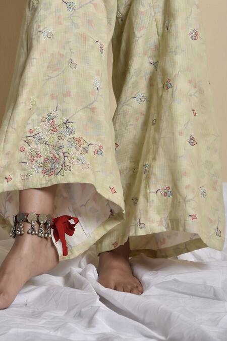 Kanika Sharma_Green Kota Notched Round Neck Hand Embroidered Jumpsuit _at_Aza_Fashions