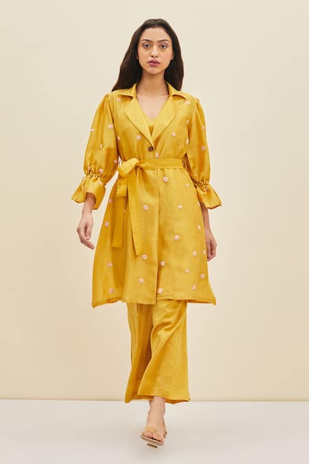 Meadow Yellow Silk Embroidered Floral Notched Collar Daffodil Coat Dress 