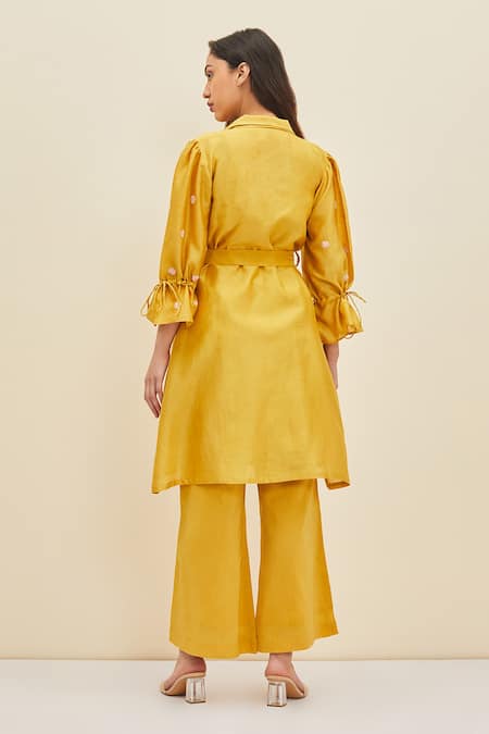 Shop Meadow Yellow Silk, Cotton Chanderi Floral Notched Daffodil Embroidered Coat Dress at Aza Fashions Shop_Meadow_Yellow Silk, Cotton Chanderi Floral Notched Daffodil Embroidered Coat Dress_at_Aza_Fashions