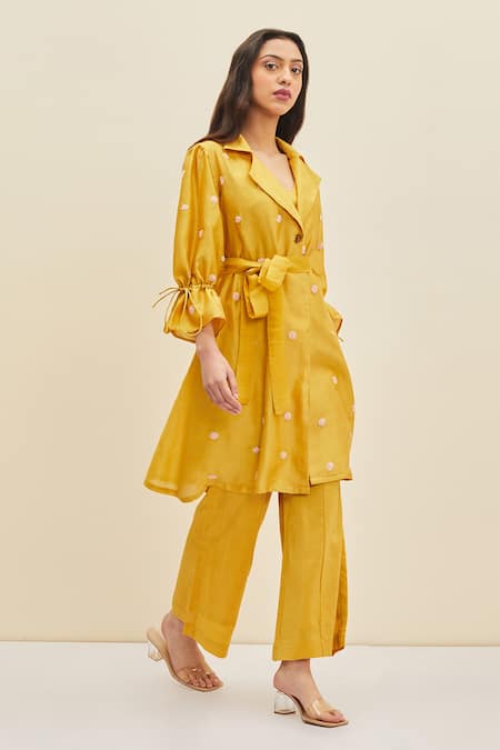 Meadow Yellow Silk, Cotton Chanderi Floral Notched Daffodil Embroidered Coat Dress Online at Aza Fashions Meadow_Yellow Silk, Cotton Chanderi Floral Notched Daffodil Embroidered Coat Dress_Online_at_Aza_Fashions